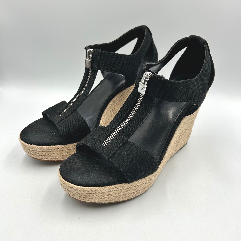 Michaelโ Kors Wedge Sandals Black Womens 10.5 Canvas Espadrille Zipper EUC